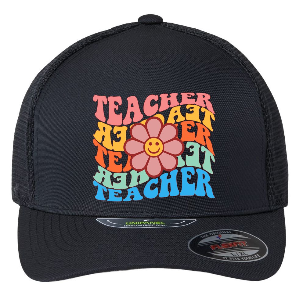 Retro Teacher Sunflower Flexfit Unipanel Trucker Cap