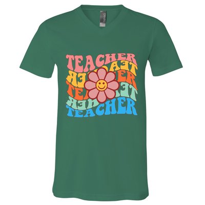 Retro Teacher Sunflower V-Neck T-Shirt