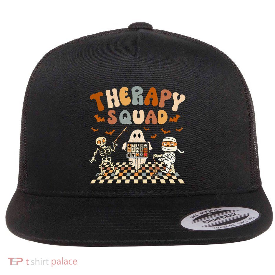 Retro Therapy Squad Slp Ot Pt Team Halloween Speech Physical Flat Bill Trucker Hat
