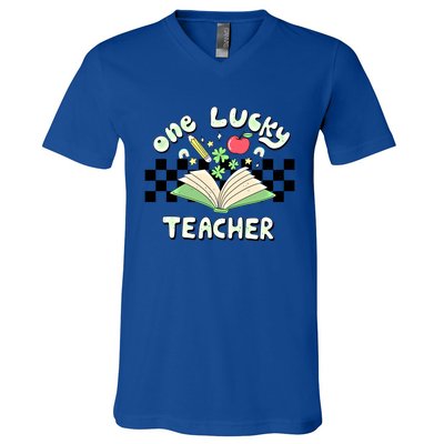 Retro Teacher St Patrick's Day Funny One Lucky Teacher Irish Gift V-Neck T-Shirt