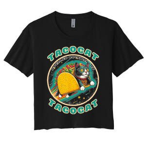 Retro Tacocat Spelled Backward Is Tacocat Funny Cat Women's Crop Top Tee