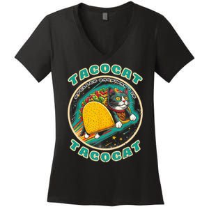 Retro Tacocat Spelled Backward Is Tacocat Funny Cat Women's V-Neck T-Shirt