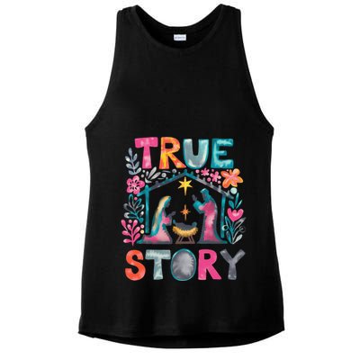 Retro True Story Christmas Nativity Scene Jesus Cross Xmas Ladies PosiCharge Tri-Blend Wicking Tank