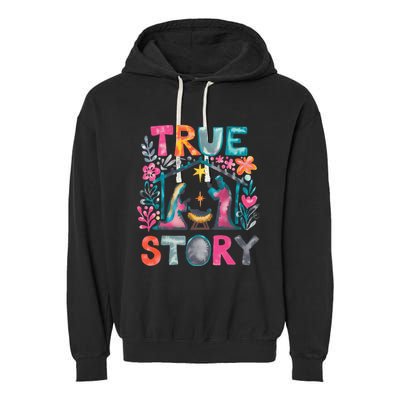 Retro True Story Christmas Nativity Scene Jesus Cross Xmas Garment-Dyed Fleece Hoodie