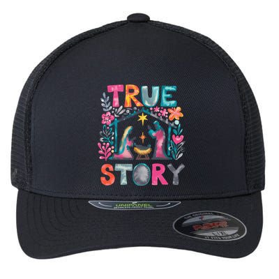 Retro True Story Christmas Nativity Scene Jesus Cross Xmas Flexfit Unipanel Trucker Cap