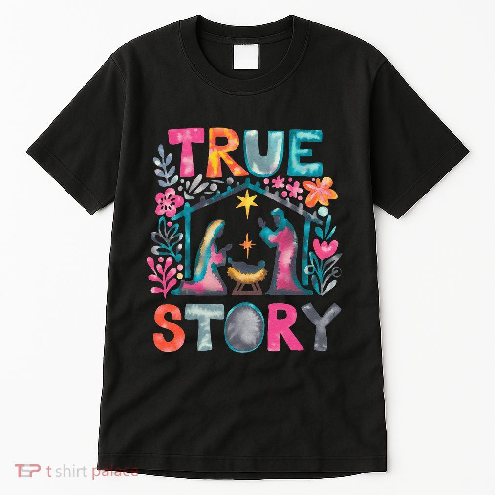 Retro True Story Christmas Nativity Scene Jesus Cross Xmas Tall T-Shirt