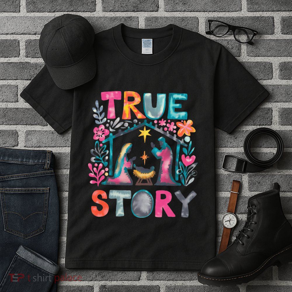 Retro True Story Christmas Nativity Scene Jesus Cross Xmas Tall T-Shirt