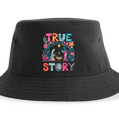 Retro True Story Christmas Nativity Scene Jesus Cross Xmas Sustainable Bucket Hat