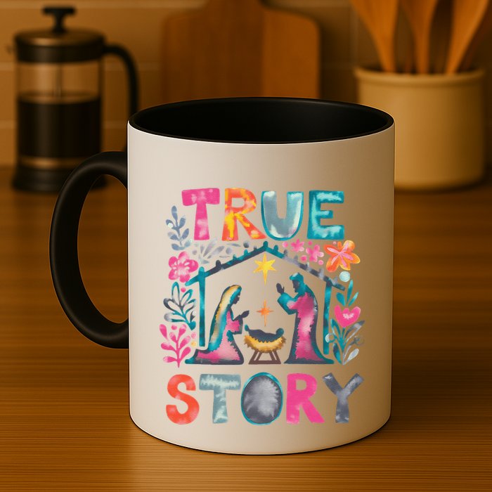 Retro True Story Christmas Nativity Scene Jesus Cross Xmas Mug