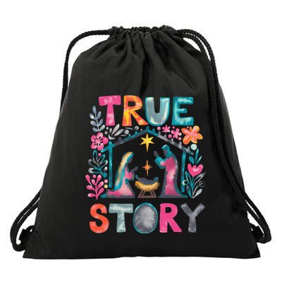 Retro True Story Christmas Nativity Scene Jesus Cross Xmas Drawstring Bag