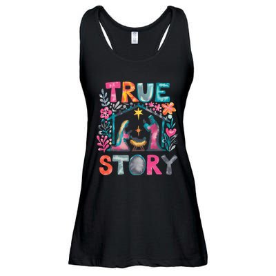 Retro True Story Christmas Nativity Scene Jesus Cross Xmas Ladies Essential Flowy Tank