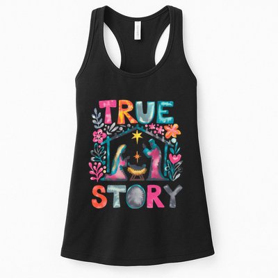 Retro True Story Christmas Nativity Scene Jesus Cross Xmas Womens Tank Top