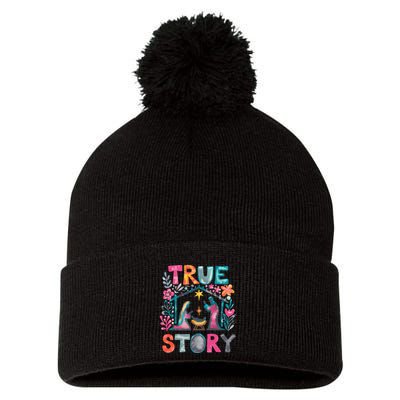 Retro True Story Christmas Nativity Scene Jesus Cross Xmas Pom Pom 12in Knit Beanie