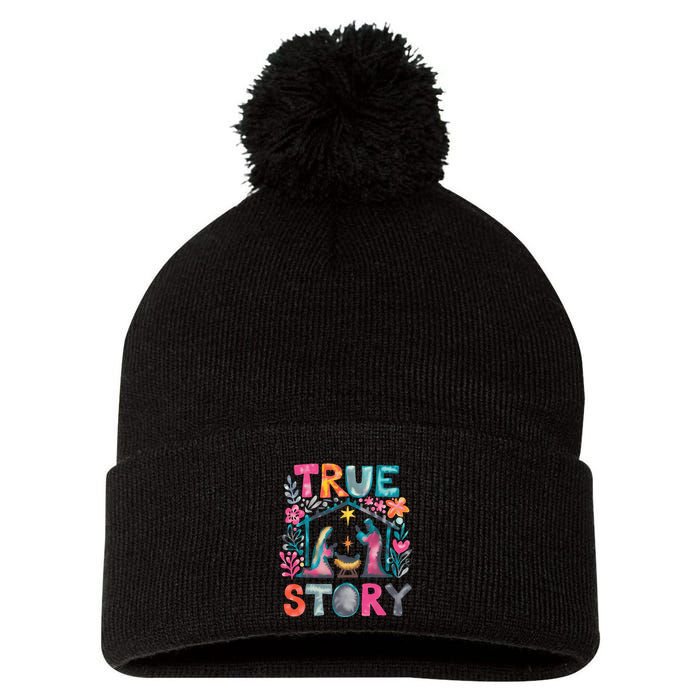 Retro True Story Christmas Nativity Scene Jesus Cross Xmas Pom Pom 12in Knit Beanie
