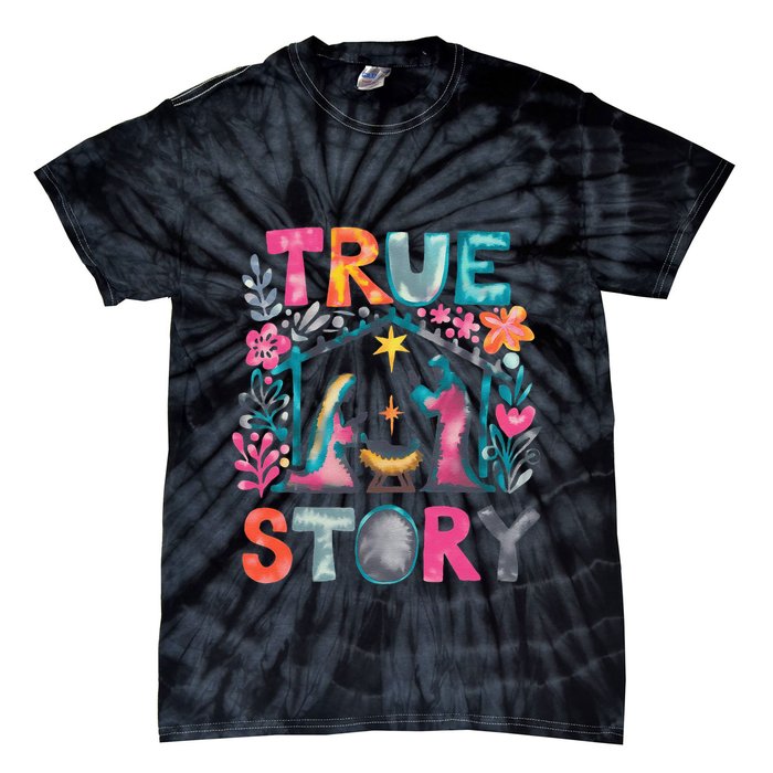 Retro True Story Christmas Nativity Scene Jesus Cross Xmas Tie-Dye T-Shirt