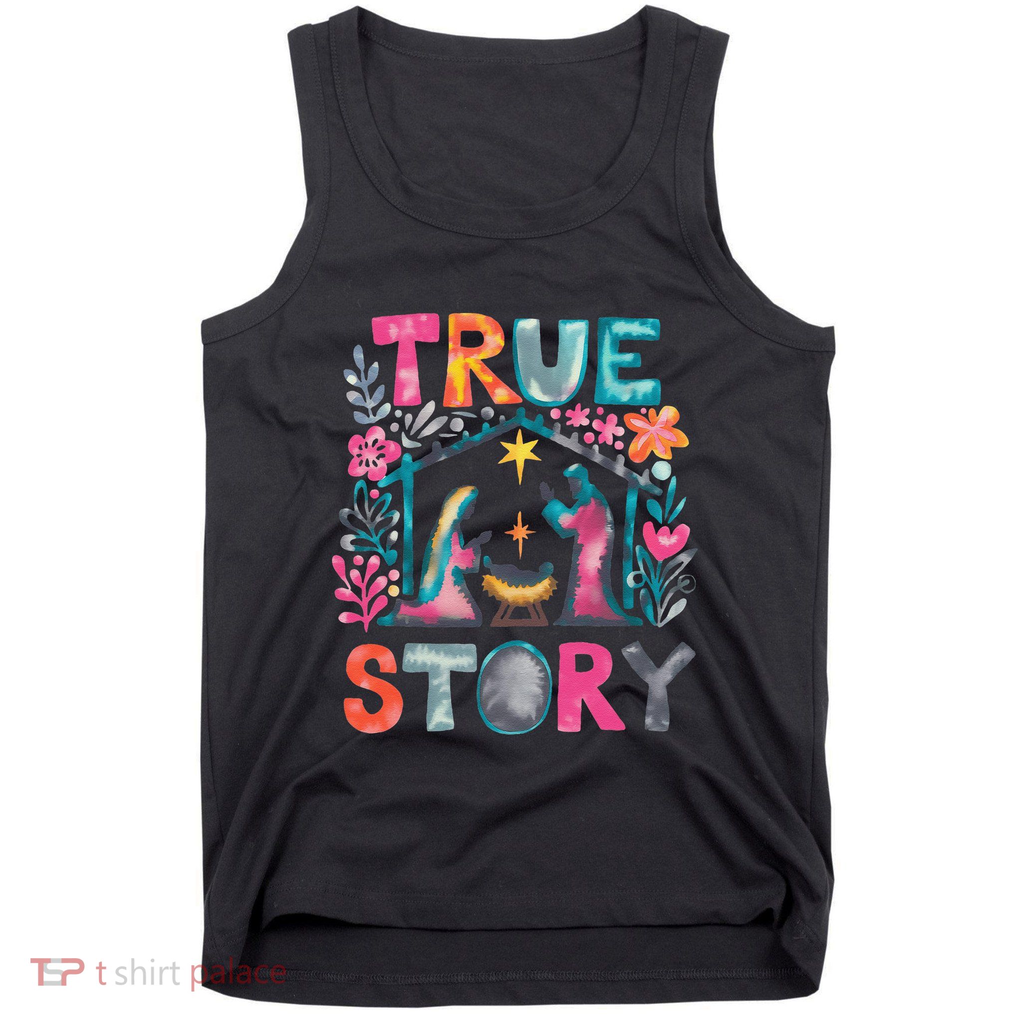 Retro True Story Christmas Nativity Scene Jesus Cross Xmas Tank Top