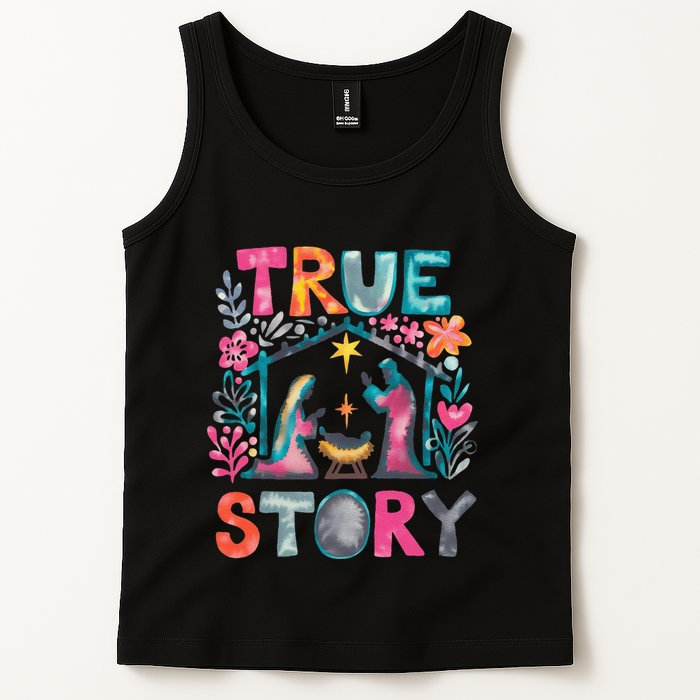 Retro True Story Christmas Nativity Scene Jesus Cross Xmas Tank Top
