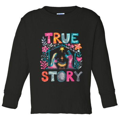 Retro True Story Christmas Nativity Scene Jesus Cross Xmas Toddler Long Sleeve Shirt