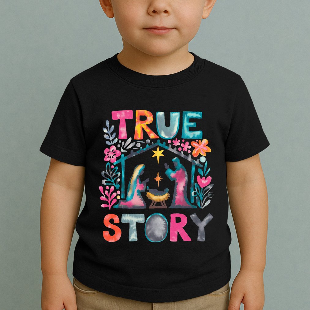 Retro True Story Christmas Nativity Scene Jesus Cross Xmas Toddler T-Shirt