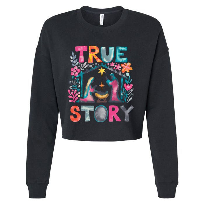 Retro True Story Christmas Nativity Scene Jesus Cross Xmas Cropped Pullover Crew