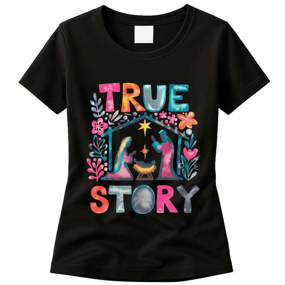 Retro True Story Christmas Nativity Scene Jesus Cross Xmas Womens T-Shirt