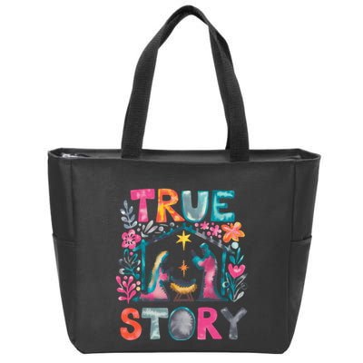Retro True Story Christmas Nativity Scene Jesus Cross Xmas Zip Tote Bag