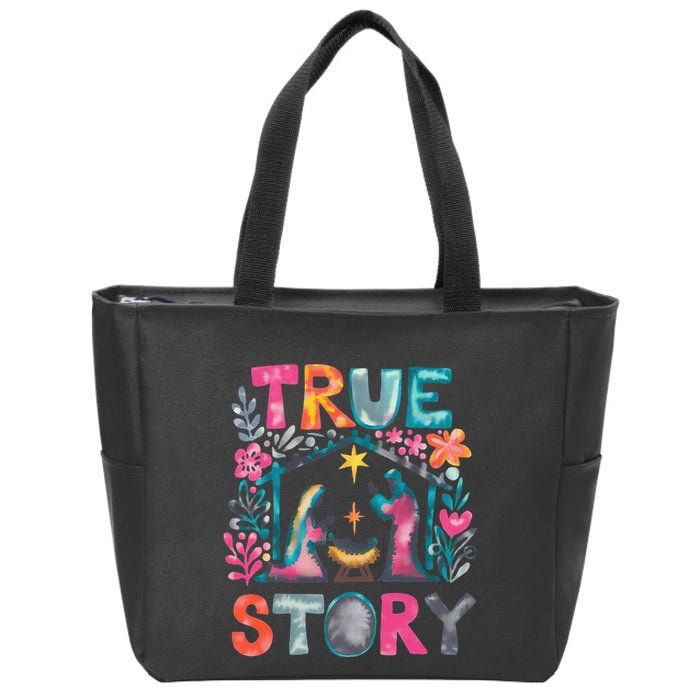 Retro True Story Christmas Nativity Scene Jesus Cross Xmas Zip Tote Bag