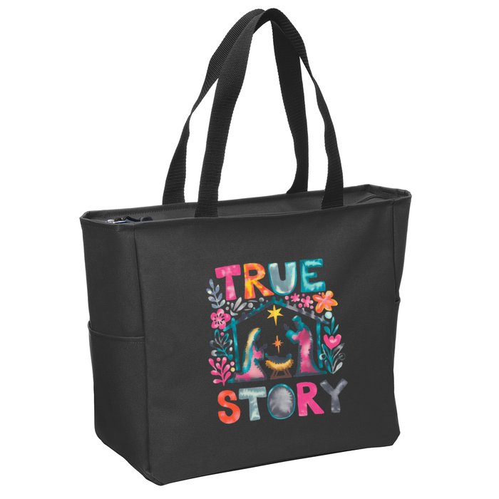 Retro True Story Christmas Nativity Scene Jesus Cross Xmas Zip Tote Bag
