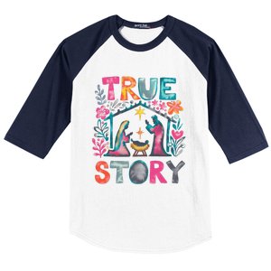 Retro True Story Christmas Nativity Scene Jesus Cross Xmas Baseball Sleeve Shirt