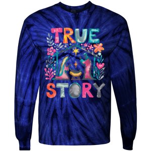 Retro True Story Christmas Nativity Scene Jesus Cross Xmas Tie-Dye Long Sleeve Shirt