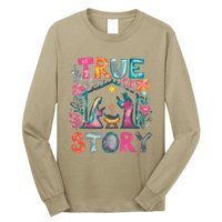 Retro True Story Christmas Nativity Scene Jesus Cross Xmas Long Sleeve Shirt