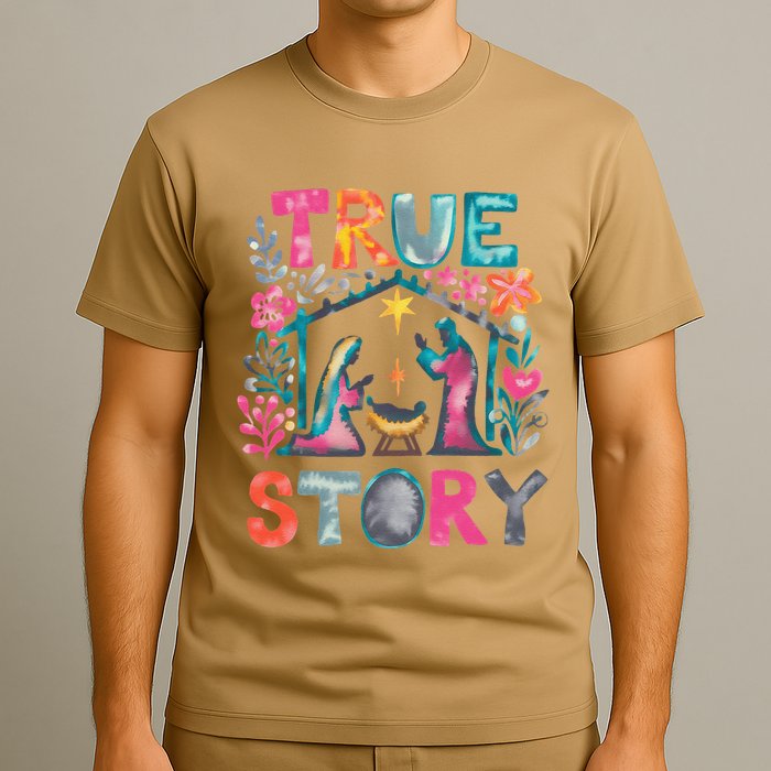 Retro True Story Christmas Nativity Scene Jesus Cross Xmas T-Shirt