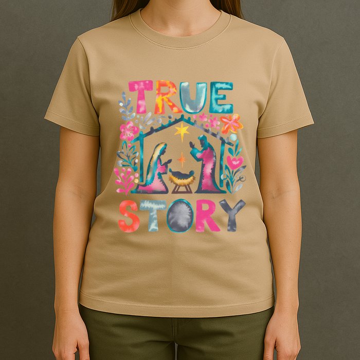 Retro True Story Christmas Nativity Scene Jesus Cross Xmas T-Shirt
