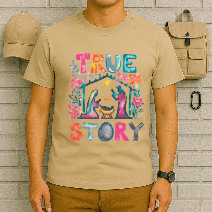 Retro True Story Christmas Nativity Scene Jesus Cross Xmas T-Shirt