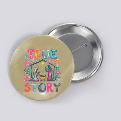 Retro True Story Christmas Nativity Scene Jesus Cross Xmas Button