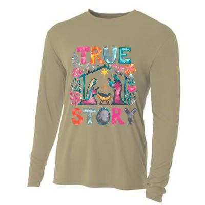 Retro True Story Christmas Nativity Scene Jesus Cross Xmas Cooling Performance Long Sleeve Crew