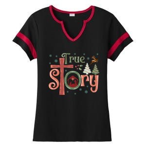 Retro True Story Jesus Christmas Nativity Scene Christian Gift Ladies Halftime Notch Neck Tee