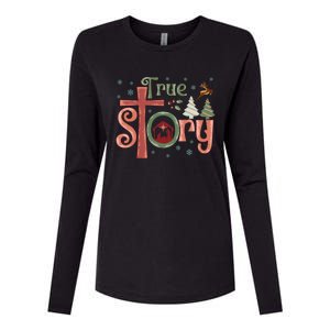 Retro True Story Jesus Christmas Nativity Scene Christian Gift Womens Cotton Relaxed Long Sleeve T-Shirt