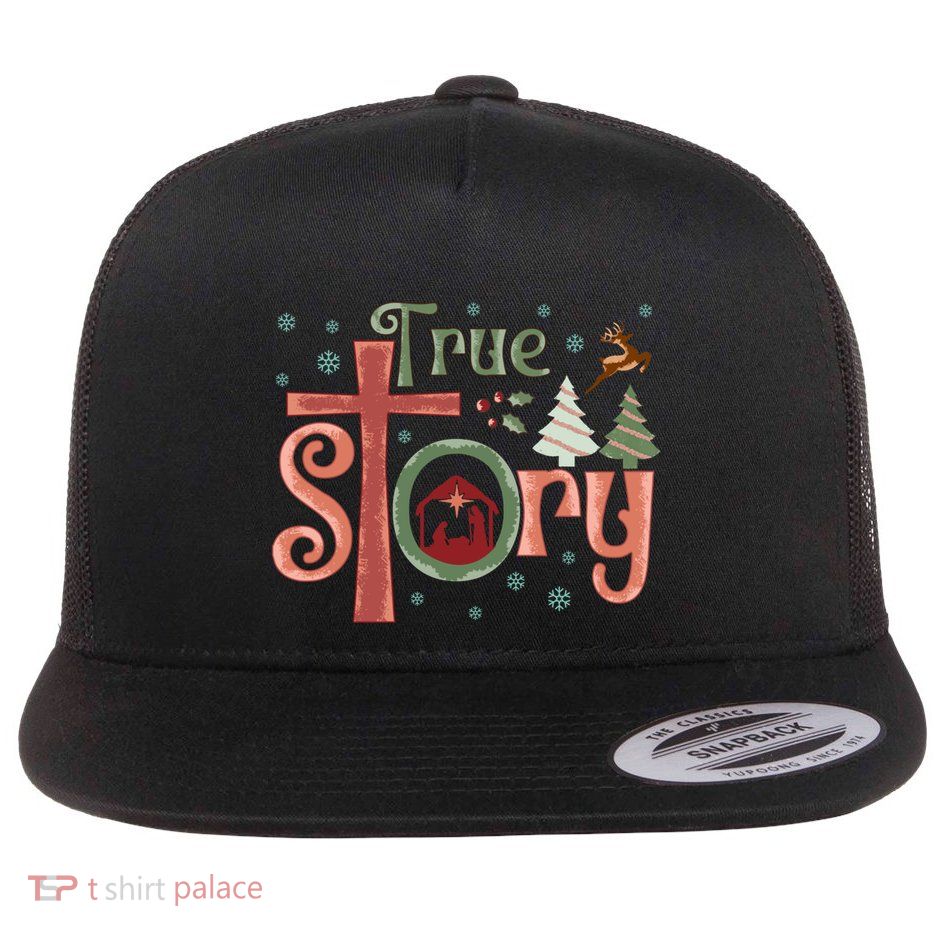 Retro True Story Jesus Christmas Nativity Scene Christian Gift Flat Bill Trucker Hat
