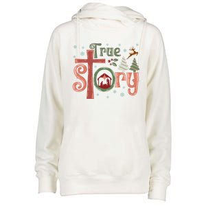 Retro True Story Jesus Christmas Nativity Scene Christian Gift Womens Funnel Neck Pullover Hood