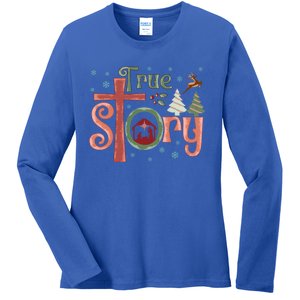 Retro True Story Jesus Christmas Nativity Scene Christian Gift Ladies Long Sleeve Shirt