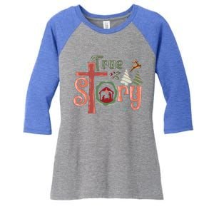 Retro True Story Jesus Christmas Nativity Scene Christian Gift Women's Tri-Blend 3/4-Sleeve Raglan Shirt