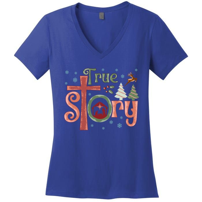 Retro True Story Jesus Christmas Nativity Scene Christian Gift Women's V-Neck T-Shirt