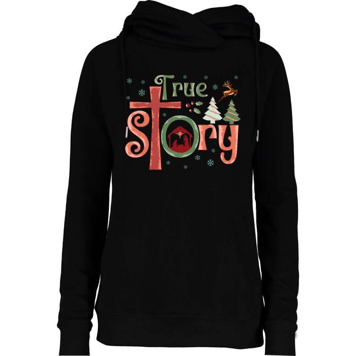 Retro True Story Jesus Christmas Nativity Scene Christian  Womens Funnel Neck Pullover Hood