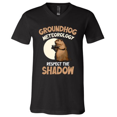 Respect The Shadow Meteorology Funny Groundhog Day V-Neck T-Shirt