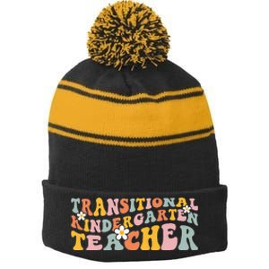 Retro TK Teacher Groovy Transitional Kindergarten Teacher Stripe Pom Pom Beanie