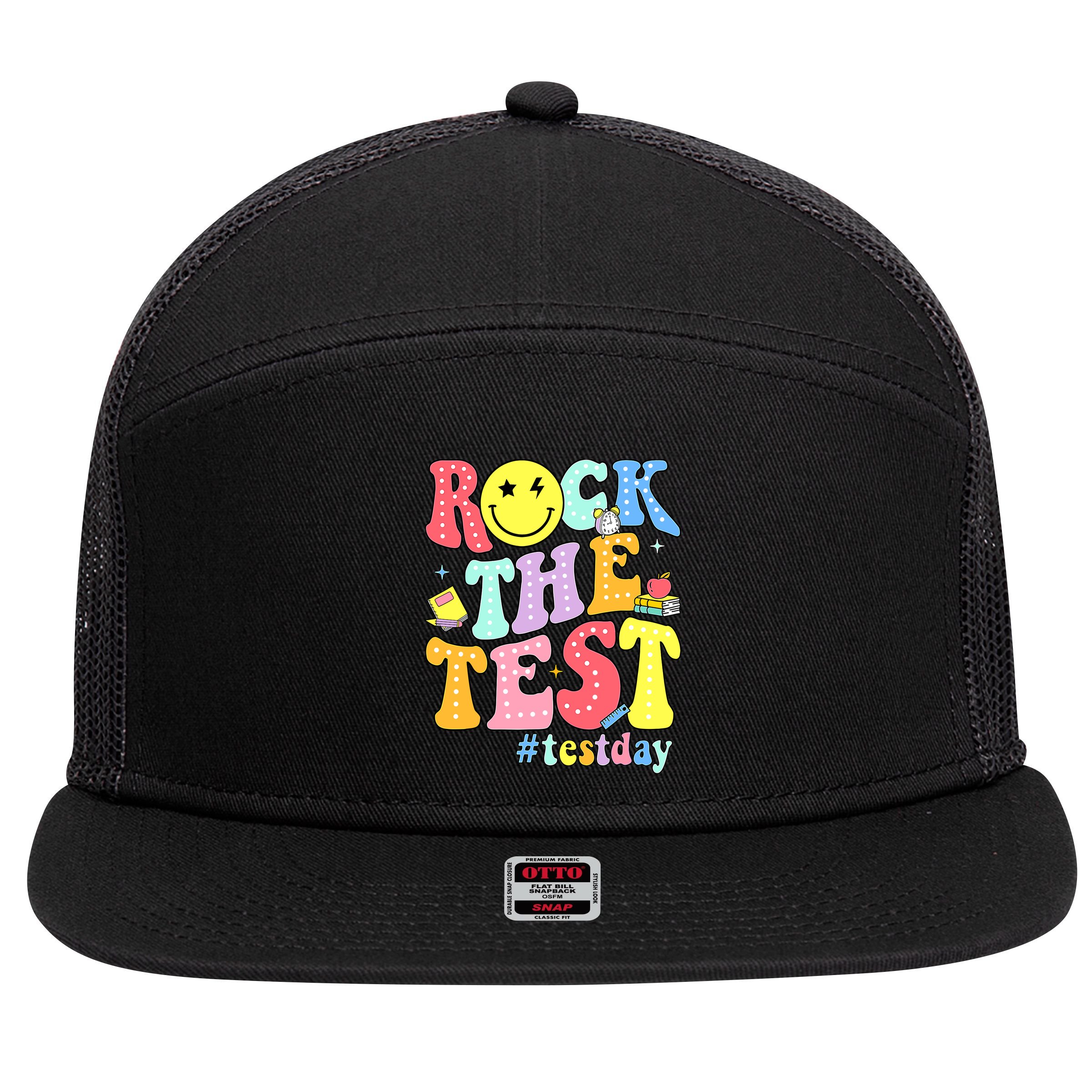 Rock The Test Testing Day Retro Motivational Teacher Student 7 Panel Mesh Trucker Snapback Hat