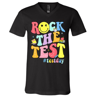 Rock The Test Testing Day Retro Motivational Teacher Student V-Neck T-Shirt