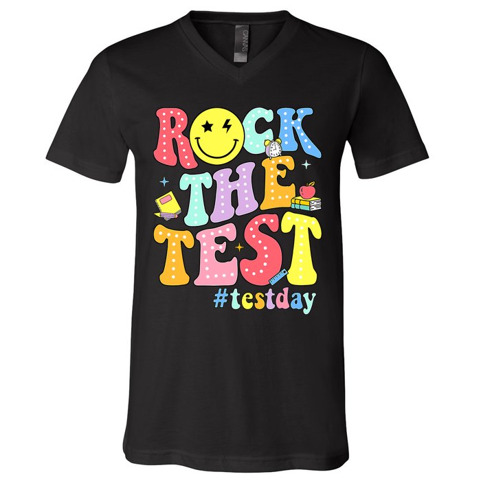 Rock The Test Testing Day Retro Motivational Teacher Student V-Neck T-Shirt