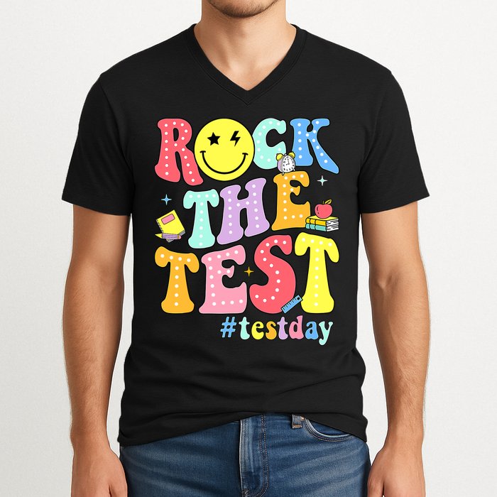 Rock The Test Testing Day Retro Motivational Teacher Student V-Neck T-Shirt